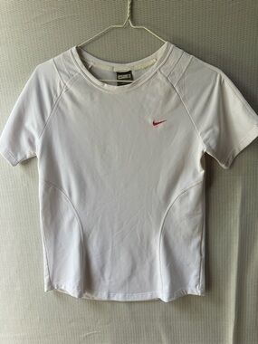 Nike White Short-Sleeve Women's Athletic Tee with Red Swoosh